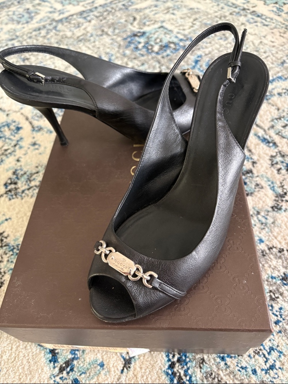 Gucci Black Leather Slingback Heels with Signature Horsebit